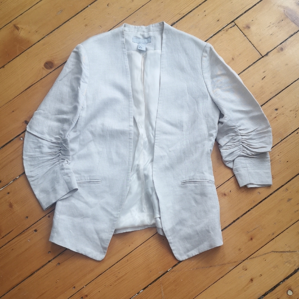 H&M Linen-blend Cream Ruched Sleeve Blazer, 8